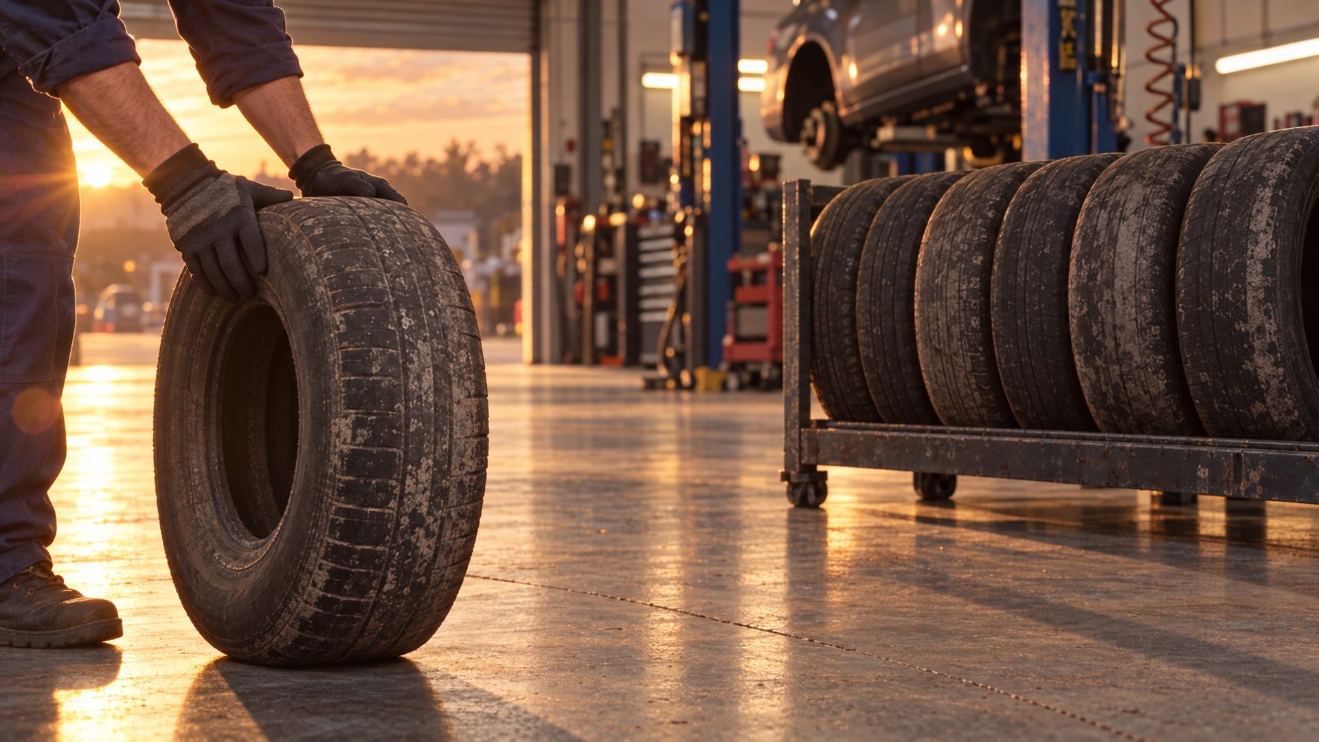 Autoservisas: mechanikas ridena seną padangą prie stovo